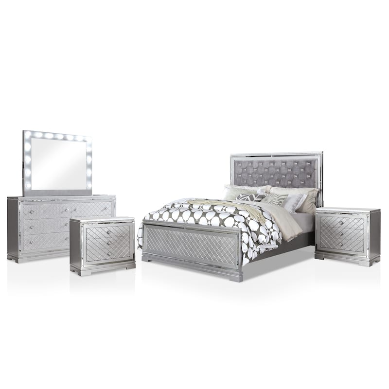 Seleena Glam Silver Wood 5-Piece Tufted Panel Bedroom Set with USB Port by Furniture of America