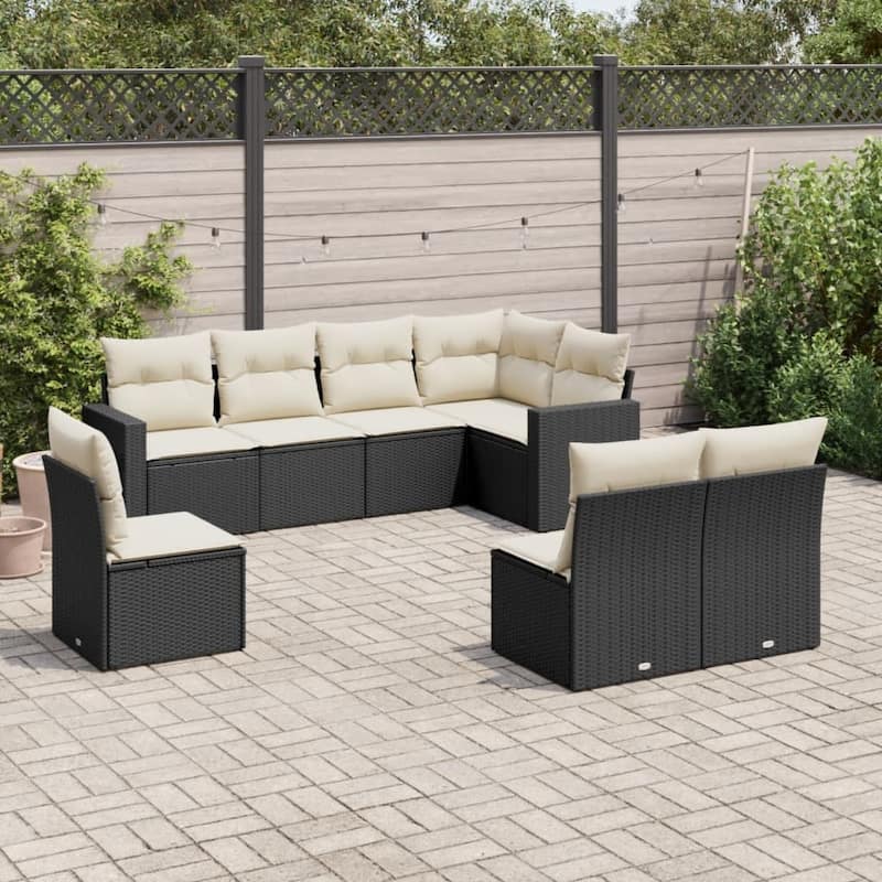 vidaXL Garden Sofa Set 9 Piece with Cushions Outdoor Sofa Set Poly Rattan - Black and Cream - 93.5 x 50.2 x 33.5 in (W x D x H)