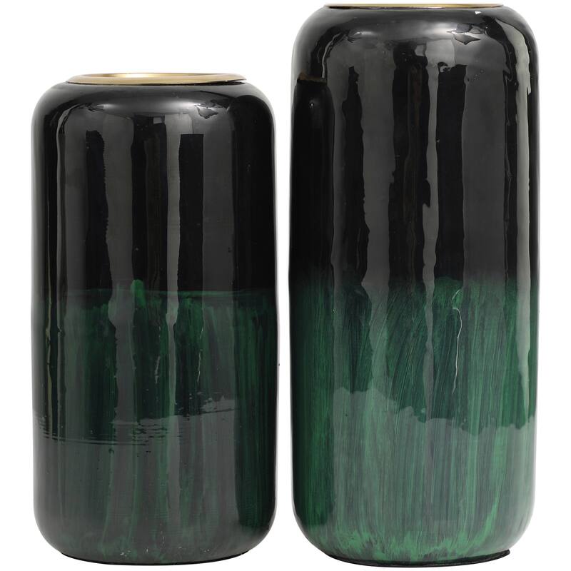 Green Metal Colorblock Abstract Decorative Vase with Paint Streak Designs and Gold Accents (Set of 2) - 13, 11"H