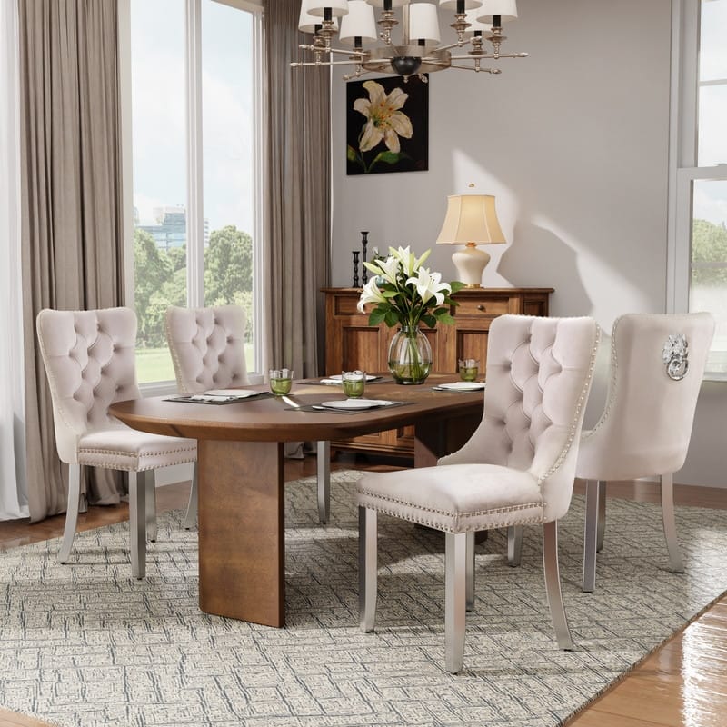 High-end Tufted Velvet Upholstered Nailhead Dining Chair Set of 4 - Beige Sliver