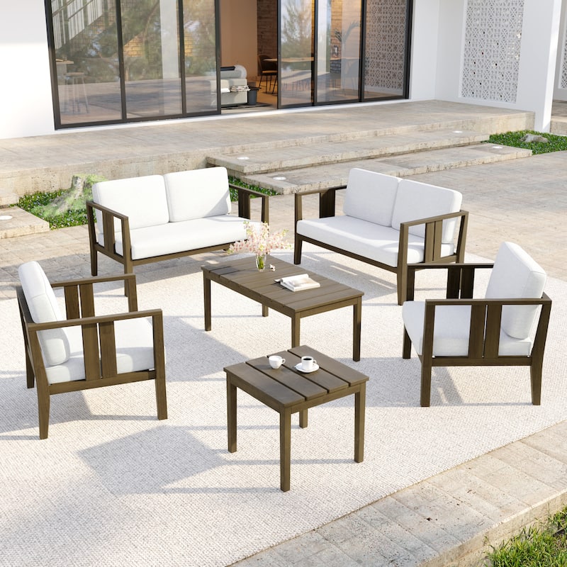Casual 6-Piece Outdoor Patio Furniture Set In Solid Teak Wood - Natural Wood - Beige