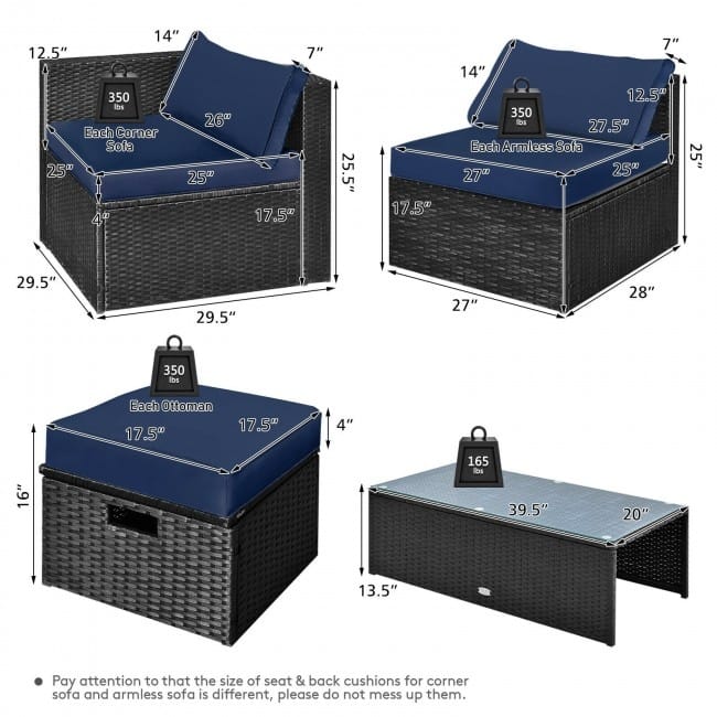8 Pieces Patio Rattan Storage Table Furniture Set - 25" x 25" x 4" (L x W x D)