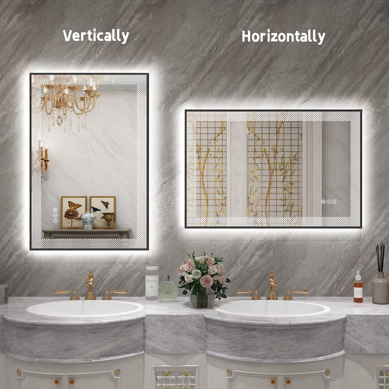 KIOTEE Metal Frame Frontlit & Backlit Anti-Fog Tempered Glass Bathroom Vanity Mirror Wall Mirror with ETL and 3-Year Warranty