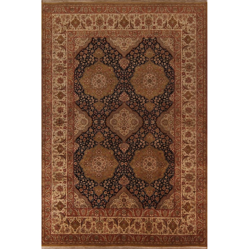 Black Floral Agra Oriental Area Rug Hand-Knotted Wool Carpet - 9'4" X 12'8"