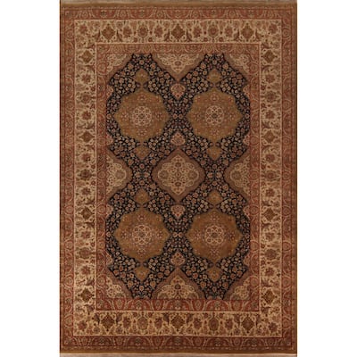 Black Floral Agra Oriental Area Rug Hand-Knotted Wool Carpet - 9'4" X 12'8"