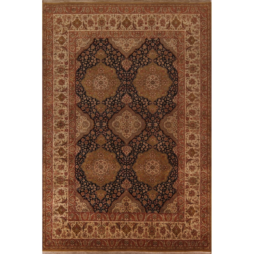 Black Floral Agra Oriental Area Rug Hand-Knotted Wool Carpet - 9'4" X 12'8"
