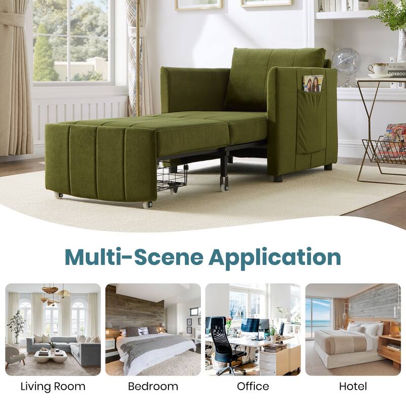 Anmytek Green Convertible Sleeper Sofa 31.5 Inch Pull Out Sofa Bed with 5-Position Adjustable Backrest Side Pockets