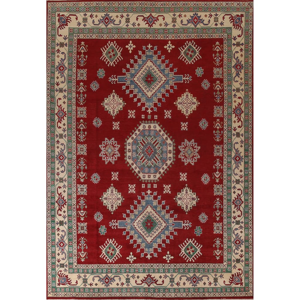 Red Geometric Kazak Oriental Area Rug Handmade Traditional Wool Carpet - 9'7" x 13'1"