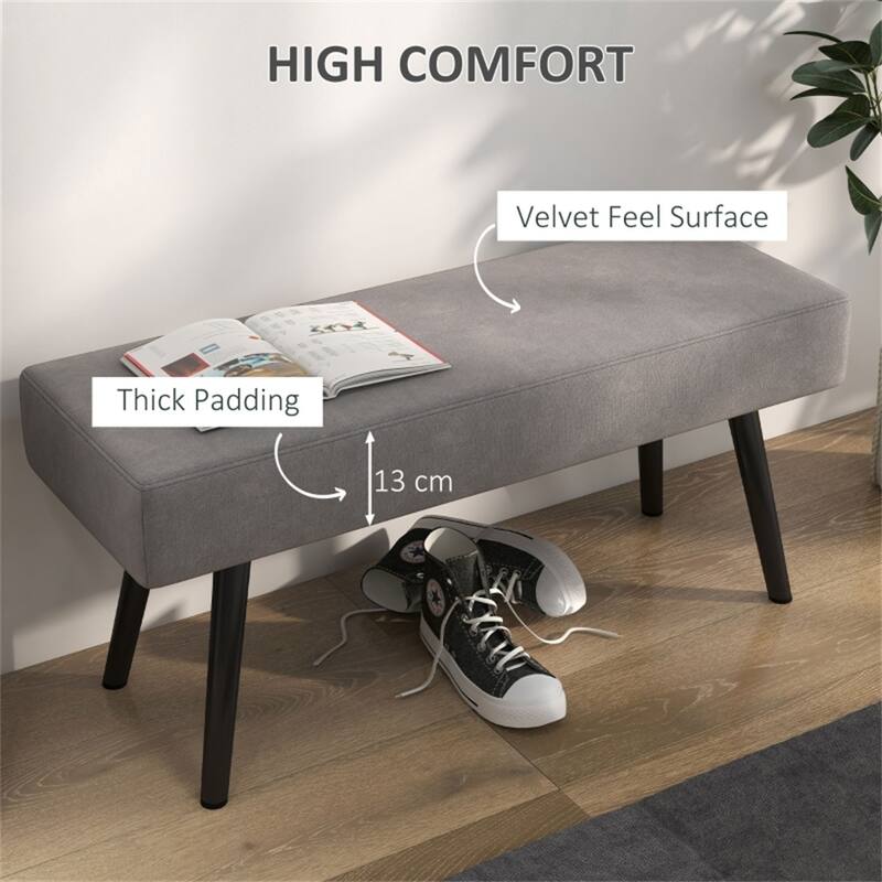 Grey Velvet Upholstered Bench with Steel Legs and Foot Pads Ideal for Bedroom or Entryway - 39.25" W x 14.25" D x 17.75" H
