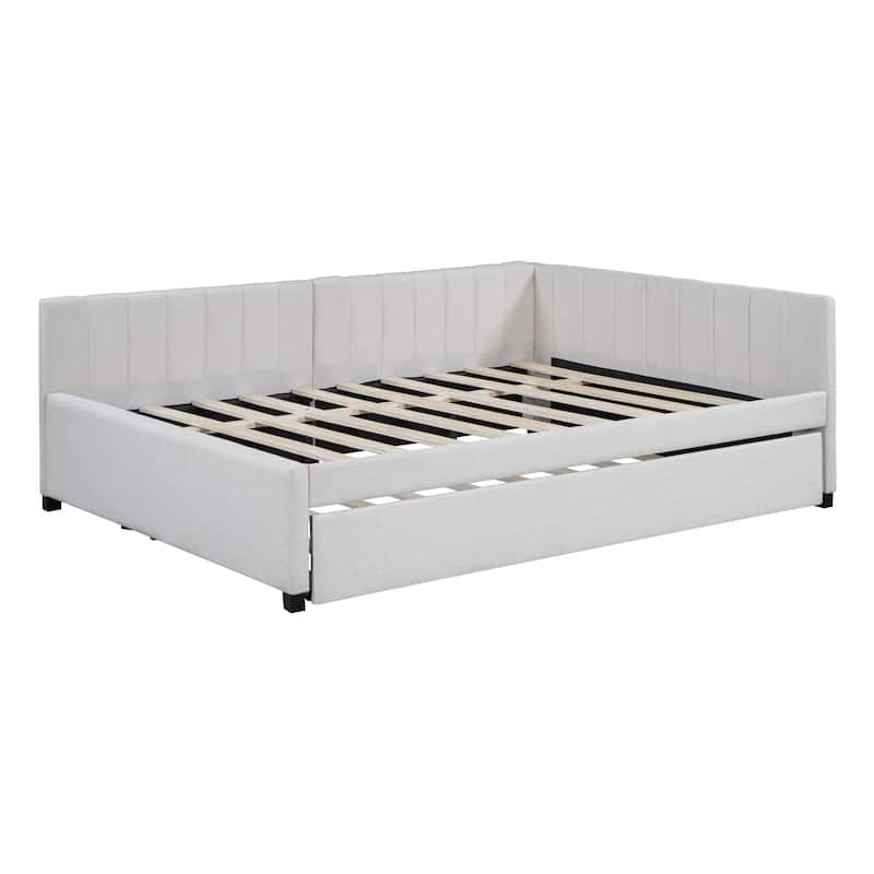 Full Size Upholstered Daybed with Trundle Sofa Bed Frame No Box Spring Needed, Linen Fabric, Beige