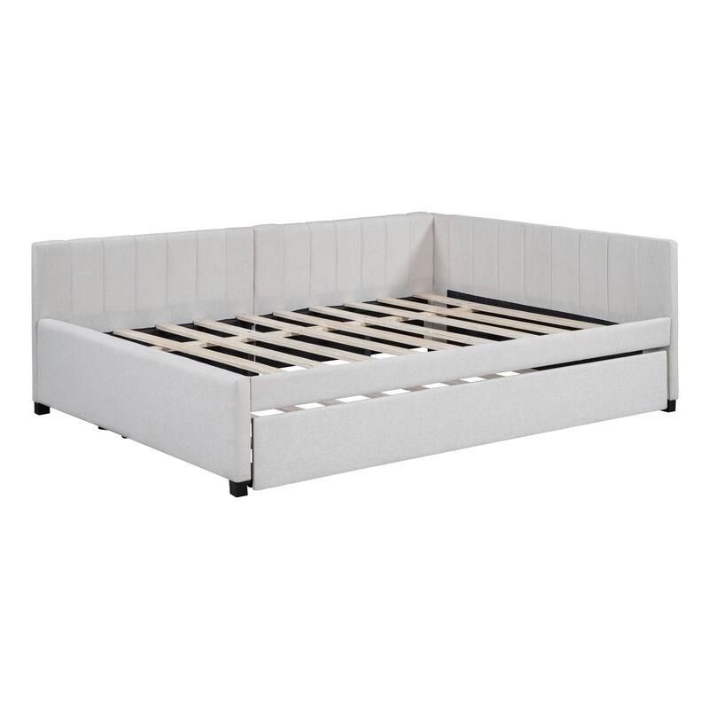 L-Shaped Backrest Daybed Upholstered Daybed Frame Classic Wood Slats Design with 2 Storage Drawers or Trundle, Full Size