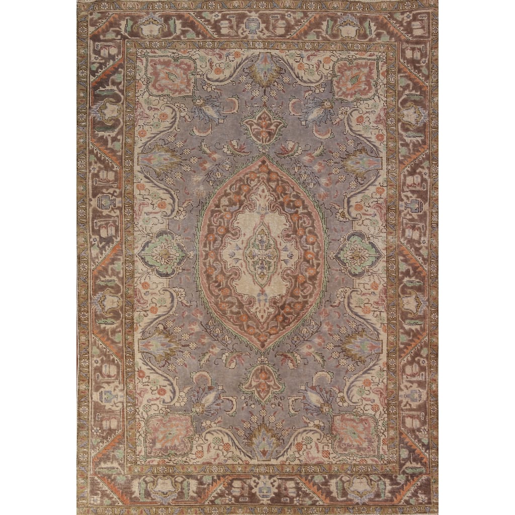 Gray Medallion Tabriz Persian Vintage Area Rug Handmade Wool Carpet - 6'7" x 9'3"