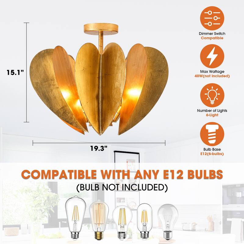 19-Inch Antique Gold Heart Semi Flush Mount Ceiling Light for Bedroom