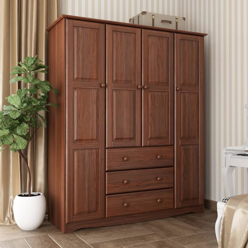 100% Solid Wood Wardrobe Armoire, 4-Door Closet Storage Cabinet with Drawers and Raised Panel Doors, Family, Palace Imports - Mocha