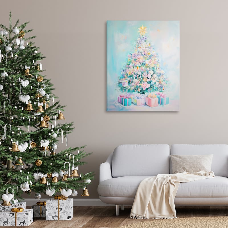 Stupell Pastel Christmas Tree on Blue Canvas Wall Art Design By Arlington Prints