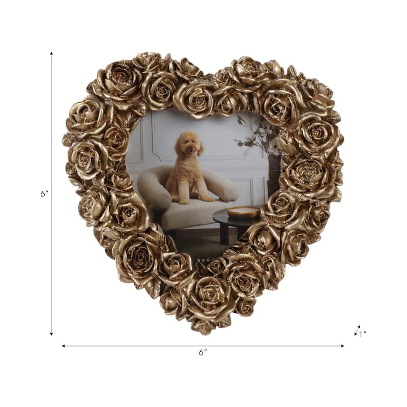 Polyresin Heart Shape Photo Frame 3D Rose Glam Style Decor - 6" Gold