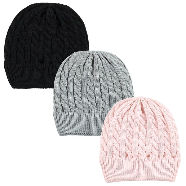 slide 1 of 1, Hudson Baby Family Knitted Caps 3pk, Pink Black, Infant - Pink Black Pink Black - Infant Toddler