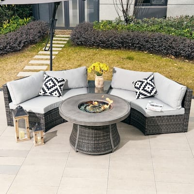 Modern 6-piece Outdoor Iron Rattan Conversation Sofa Set with Aluminum Fire Pit Table