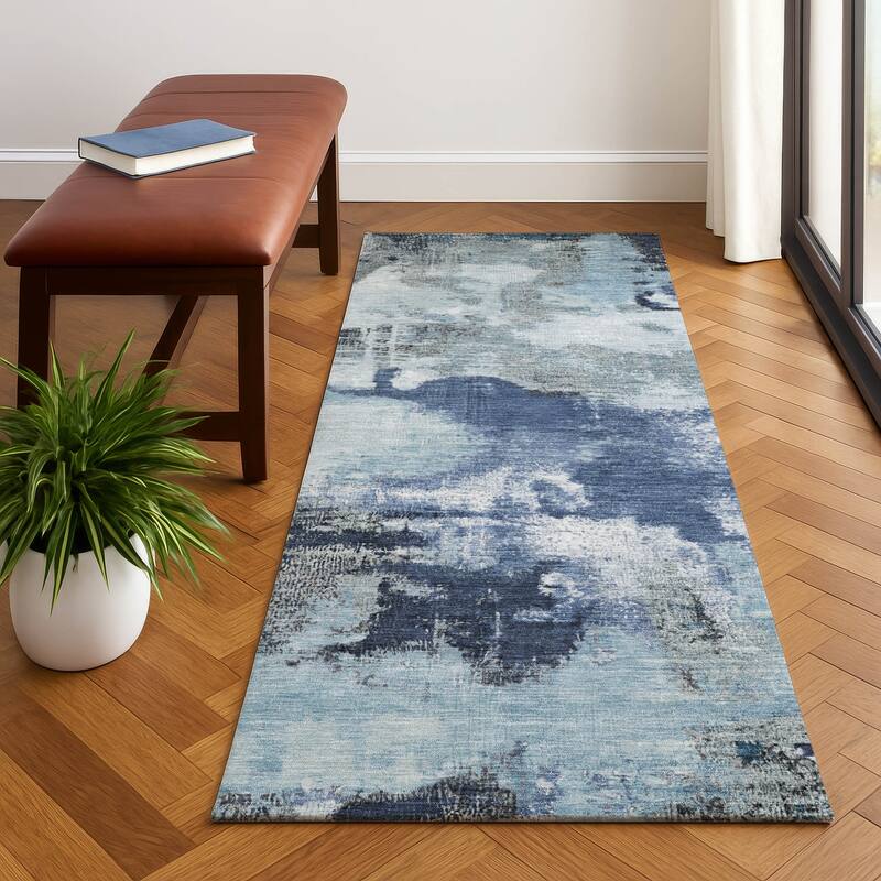 Premium Washable Super Soft Abstract Brushstrokes Mayfield Rug - Blue - 2'3" x 7'6"
