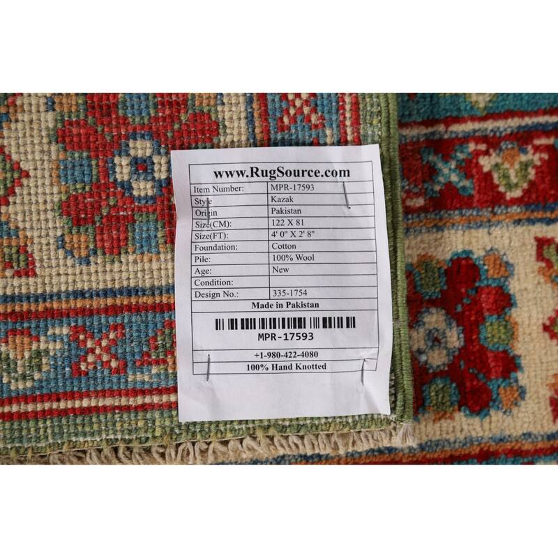 Green Geometric Kazak Oriental Foyer Rug Hand-Knotted Wool Carpet - 2'8" x 4'0"