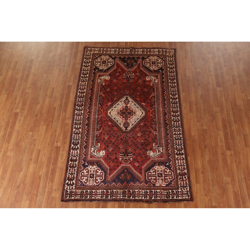 Red Shiraz Persian Vintage Area Rug Handmade Wool Carpet - 5'0"x 8'0"