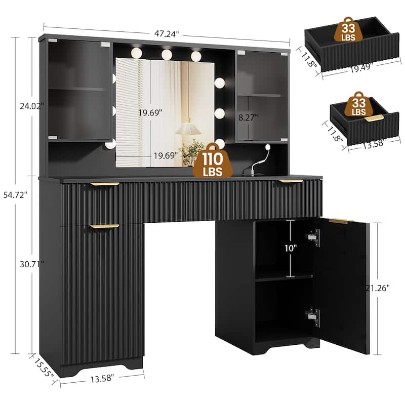47" Modern Makeup Vanity Desk with Mirror and Large Cabinets, Dressing Table