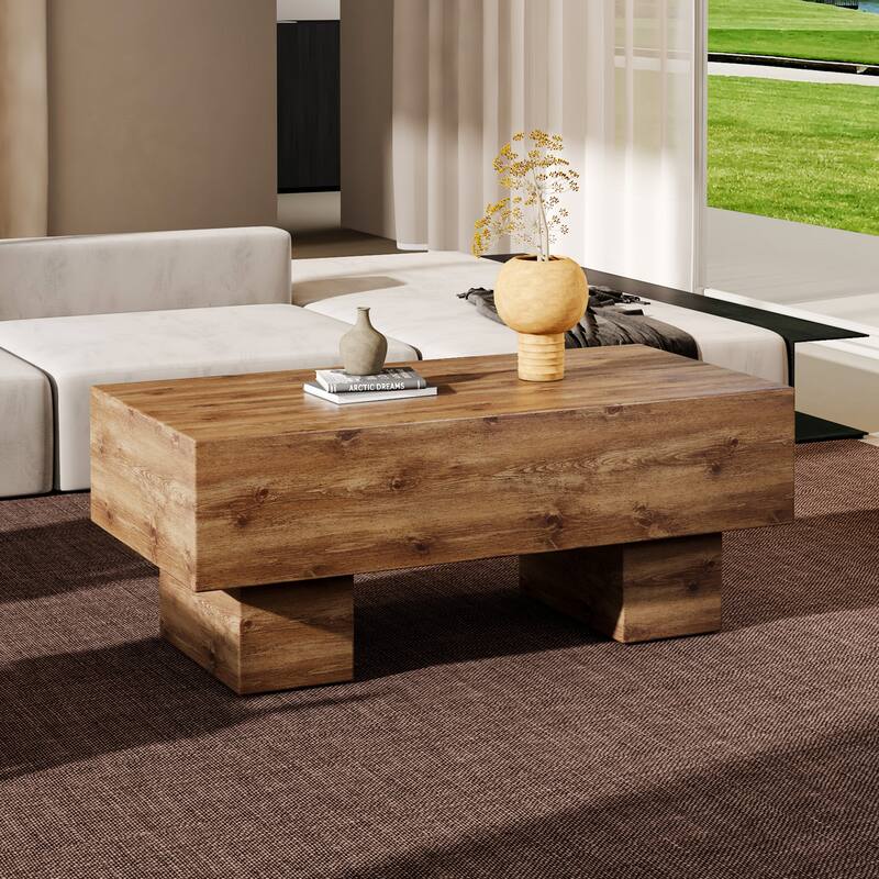Modern Rectangular Coffee Table Stylish Ergonomic Coffee Table with Wood Texture Sticker, for Living Room - Beige
