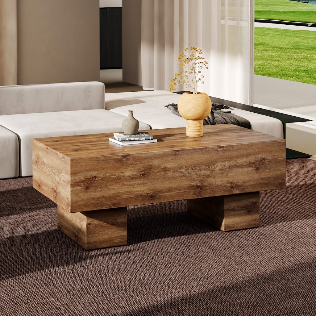 Wood Coffee Table for Living Room, 43.3" Farmhouse Coffee Table with Legs, Rectangular Center Table Cocktail Living Room Table
