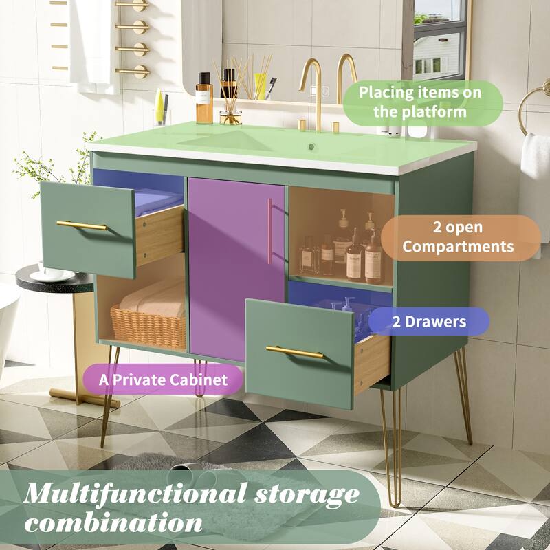 Freestanding Green Storage Cabinet for Bathroom Vanity with Resin Sink, 2 Drawers, 2 Storage Compartments and Gold Handles