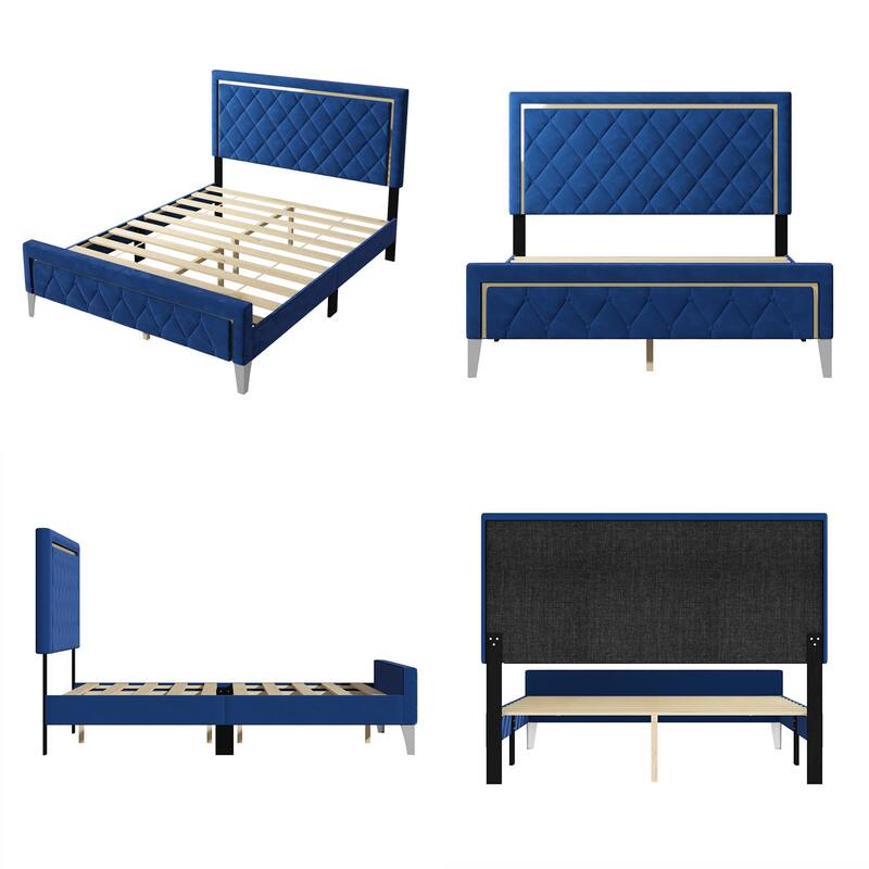 Wall Mounted Upholstered Bed Queen Blue,Padded Headboard,High-Density Padding