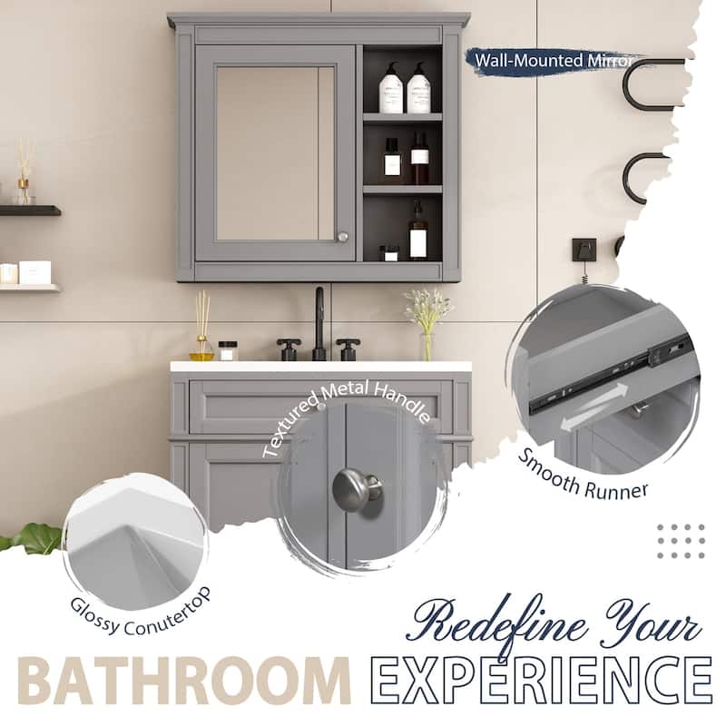 Plywood Freestanding Bathroom Vanity Set in Maple with Integrated Ceramic Sink with Mirror Cabinet - 30“ x 18"