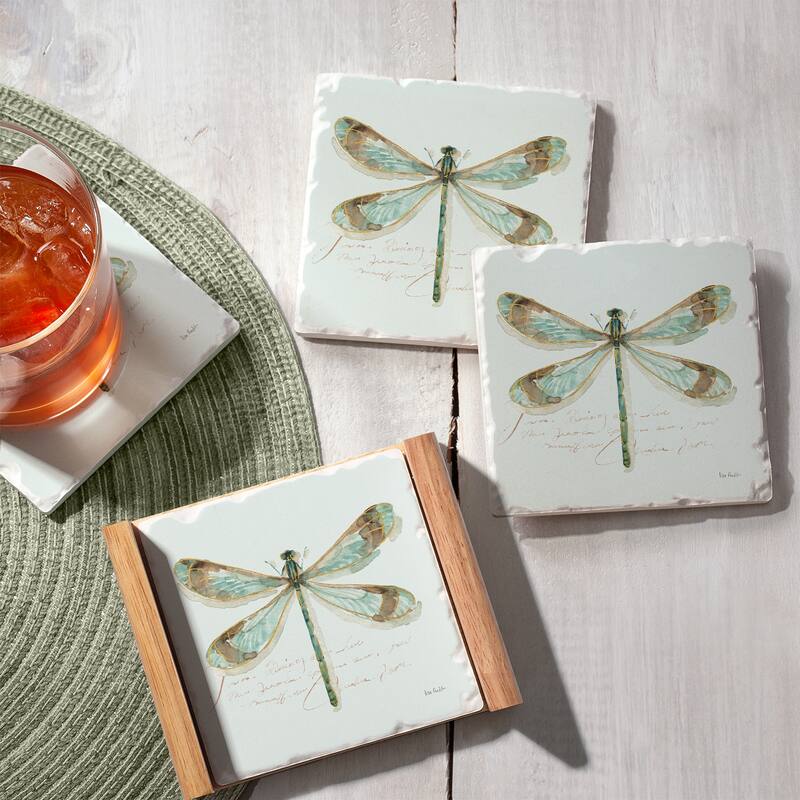 Square Absorbent Coasters - Set of 4 With Holder - Rainbow Dragonfly - 4.001x4.001x2.048