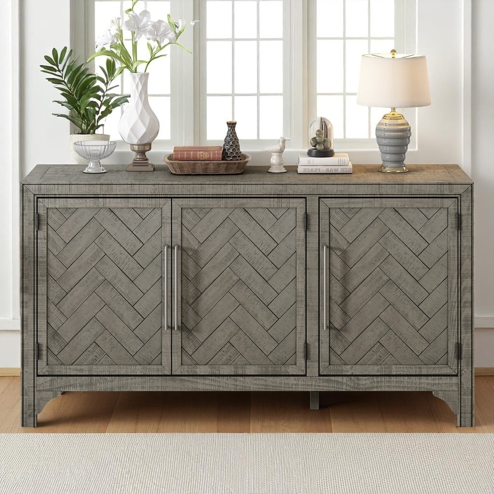 60" Storage Sideboard Cabinet with Pine Veneer, 3 Doors, Adjustable Shelves, MDF Frame for Entryway or Study Room