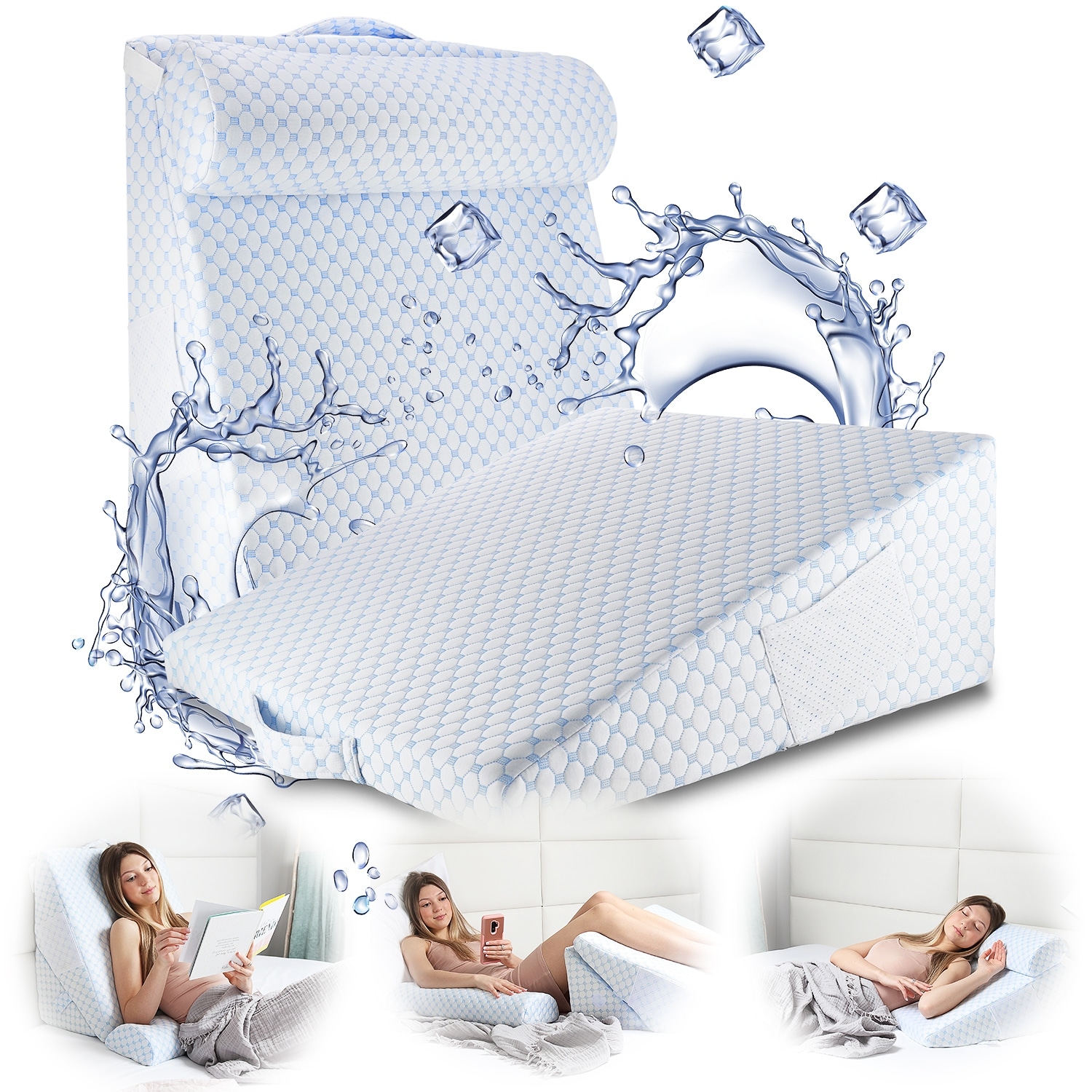 Foldable Bed Wedge Pillow Memory Foam Triangle Support Pillow w/ Removable  Cover