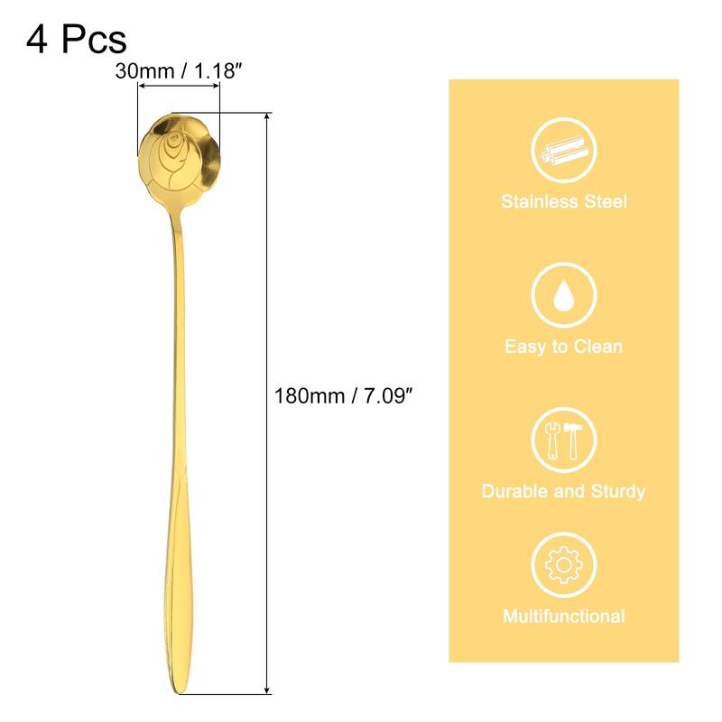 4Pcs 7" Stainless Steel Long Handle Rose Teaspoon Coffee Spoon - Gold