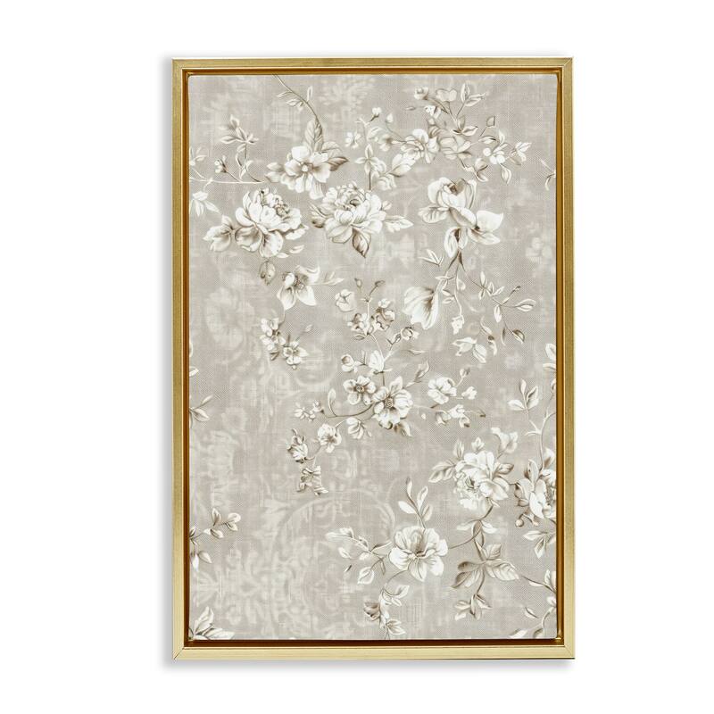 Stupell White Flowers over Damask Framed Floater Canvas Wall Art Design By LSR Creative Studio - 17 x 25 - Gold
