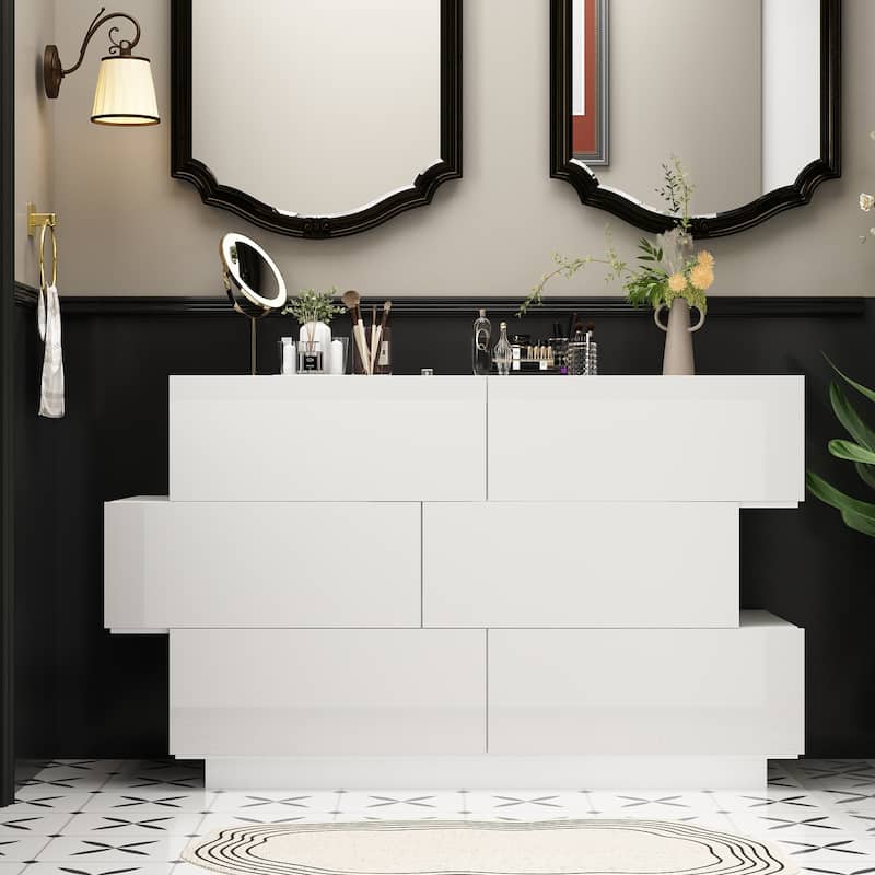 6 Drawer Chest Bedroom Modern High Gloss Wood Dresser Closet Storage - White