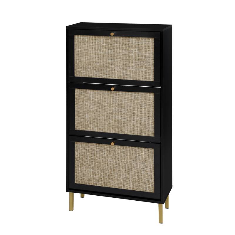 Shoe Storage Cabinet with 3 Flip Drawers, Freestanding 3-Tier Shoe Rack, Slim Shoe Organizer with Half Round Woven Rattan Doors
