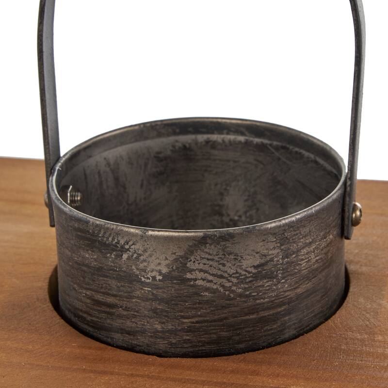 Dark Gray Metal Brushed Rectangular Indoor Outdoor Candle Lantern with Brown Wood Tops (Set of 2)