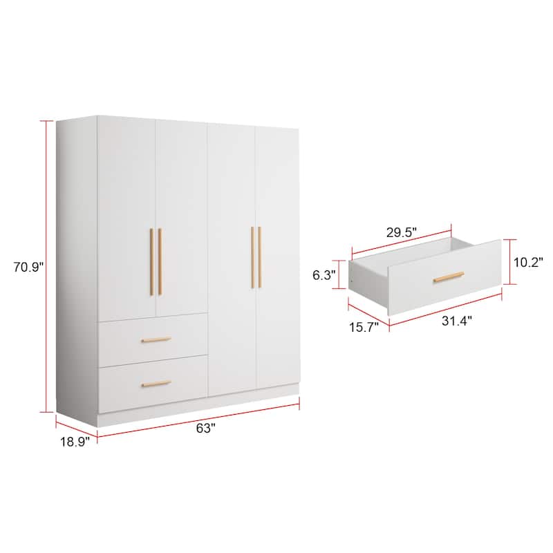 4 Doors Wardrobe Armoire Closet 63" W Bedroom Clothes Storage Cabinet
