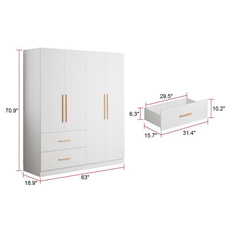 63" Wide Large Freestanding Armoire Wardrobe Cabinet with Drawers
