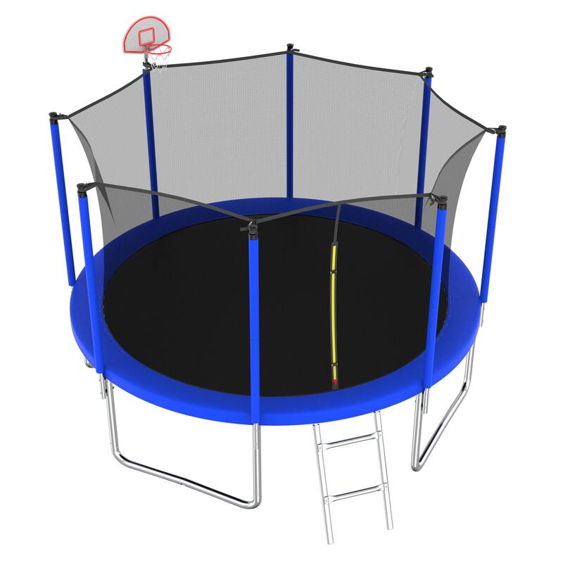 Recreational Trampoline - Basketball Hoop & Ball, Safety Enclosure, Backyard Use - Blue - 144.09