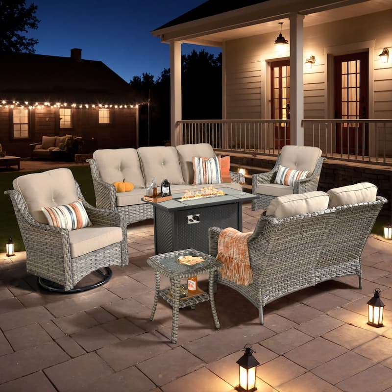 XIZZI Outdoor Wicker Patio Furniture Conversation Set with Fire Table - 6-piece - Beige