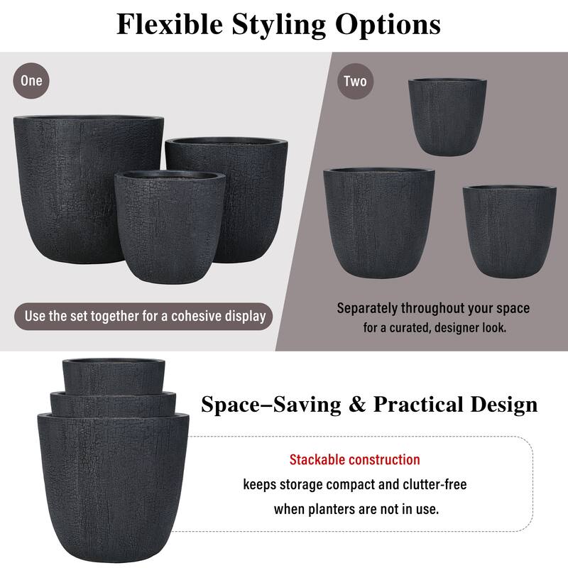 Lightweight Planter Set of 3,16.93"+13.78"+11.02"Dia Round Concrete Stackable Flower Pots with Drainage Holes and Rubber Plug
