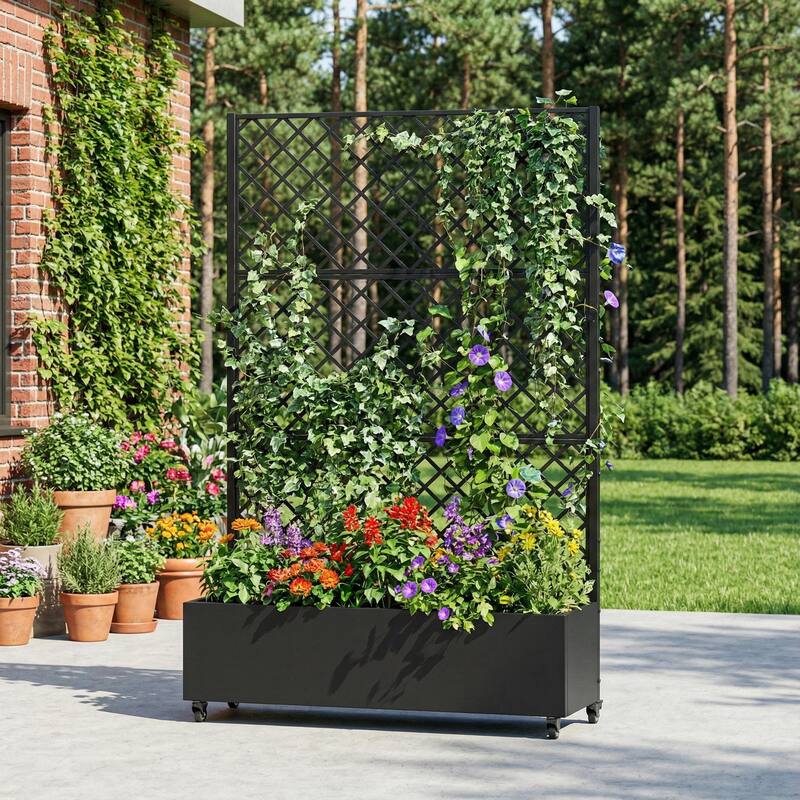 Raised Garden Bed Planter with Trellis Movable Planter Box with Lockable Wheels - Black - 72*47