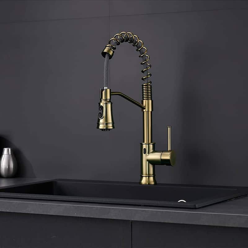 Touchless Kitchen Faucet With Pull Down Sprayer Commercial Single Handle Kitchen Sink Faucet 1 Hole Laundry Smart Hand-Free Taps - Brushed Gold