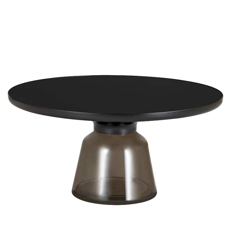 30-Inch Round Coffee Table Glass/Stone Tabletop with Black Iron Rim Frame Glass Pedestal Base