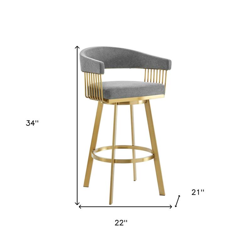 HomeRoots 26" Gray and Gold Fabric and Stainless Steel Low Back Counter Height Swivel Bar Chair
