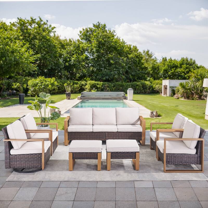 Gymojoy Outdoor Wicker Patio Furniture Sofa Set - 7-Piece Sofa Set - Brown Wicker / Beige Cusion