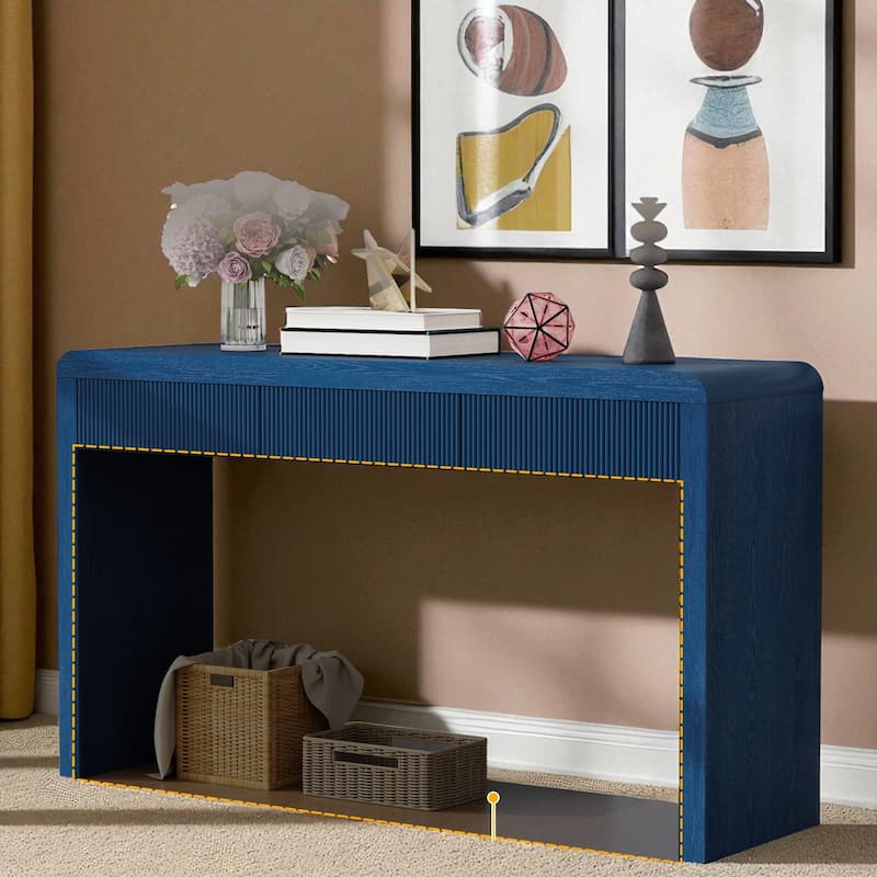 Rustic 55" Console Table with 3 Fluted Drawers, Solid Wood Veneer Entryway Table for Hallway or Foyer - Navy